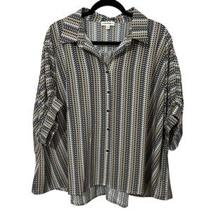 Eesome Striped Aztec Button Down Shirt‎ - Black, White, Tan Oversized